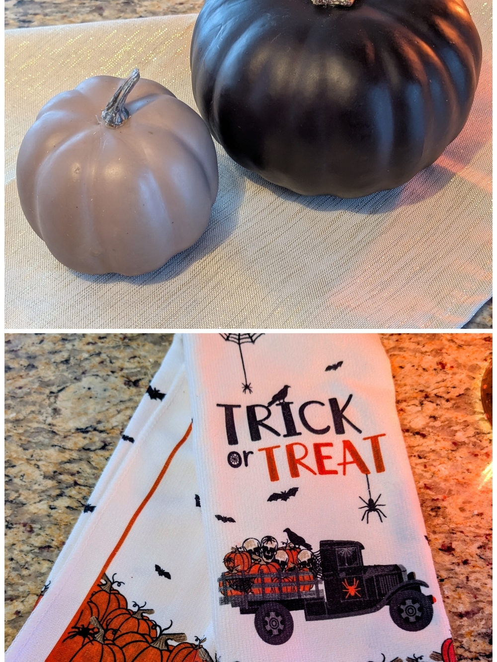 Halloween Trick or Treat Decorative Towel Set & Pumpkin Bundle - Black & Taupe